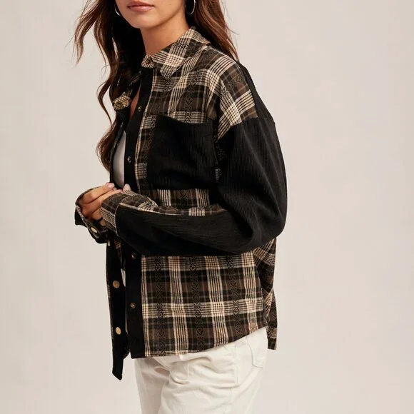 HEM & THREAD Button Up Plaid Shirt Shacket – Neutral Western Fall Layer - Picture 5 of 8